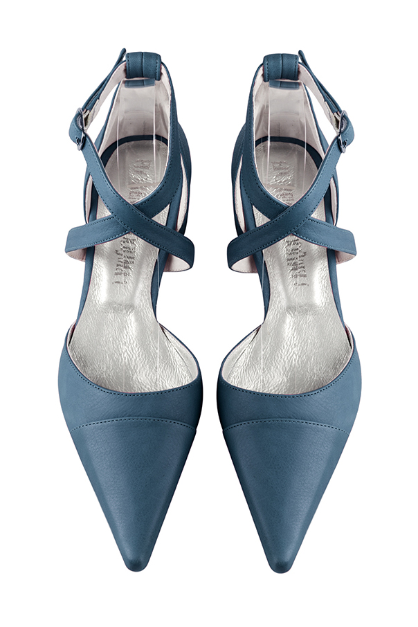 French elegance and refinement for these denim blue dress open side shoes, with crossed straps, 
                available in many subtle leather and colour combinations. Perfect model to feminize and enhance basic outfits.
Its adjustable straps will allow you a good support.
To personalize or not, according to your outfits or your desires.  
                Matching clutches for parties, ceremonies and weddings.   
                You can customize these shoes to perfectly match your tastes or needs, and have a unique model.  
                Choice of leathers, colours, knots and heels. 
                Wide range of materials and shades carefully chosen.  
                Rich collection of flat, low, mid and high heels.  
                Small and large shoe sizes - Florence KOOIJMAN